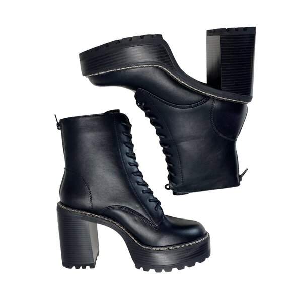 Madden Girl Size 8.5 Black Leather Heeled Combat Boots With Lug Sole Side Zipper - Picture 4 of 11